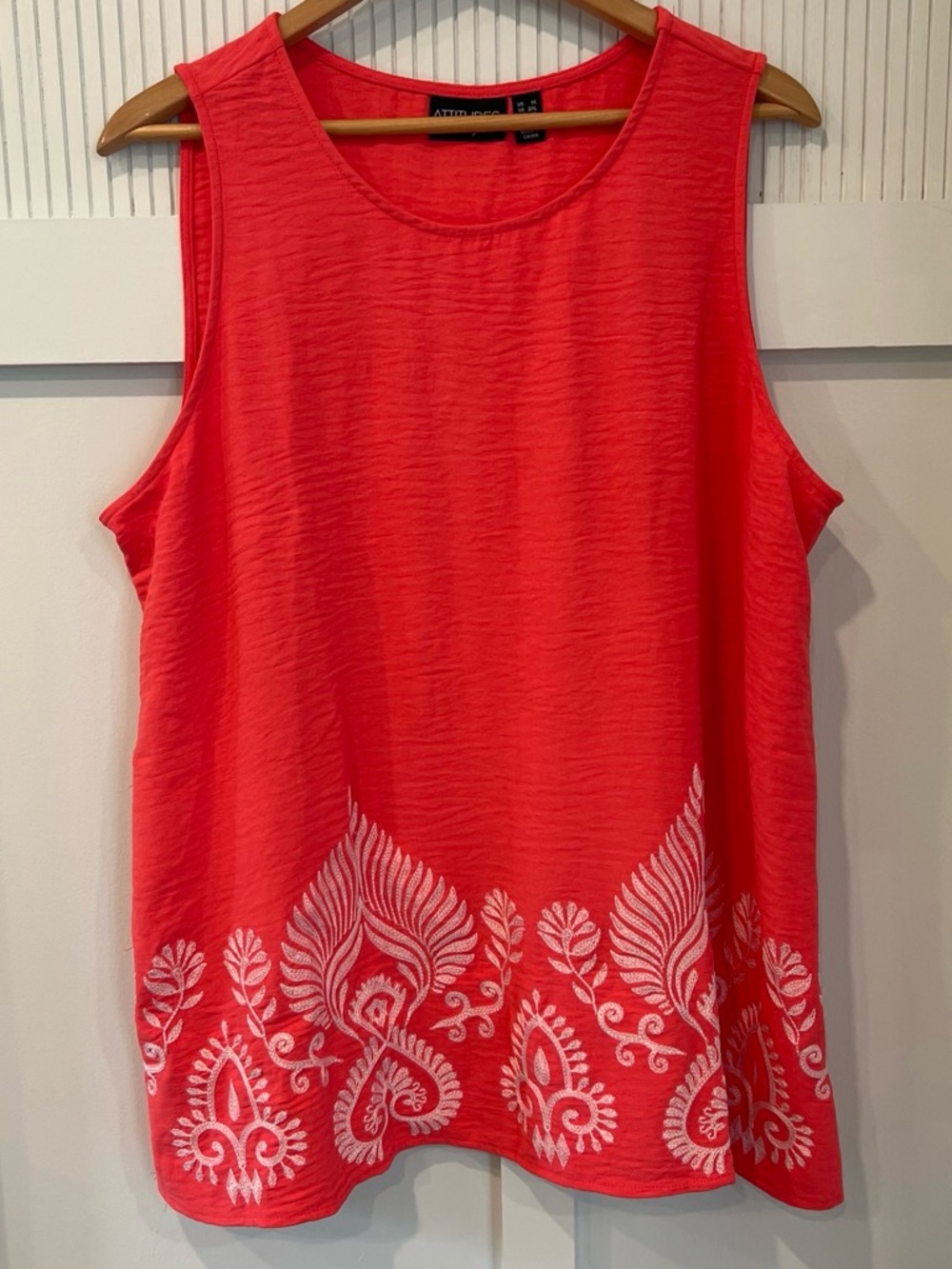 Attitudes by Renee Coral-Red Sleeveless Tank with White Embroidery